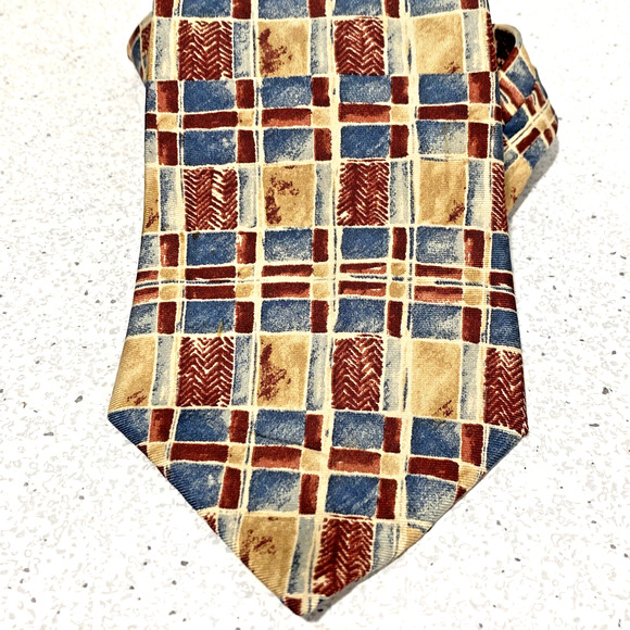 Vintage Oscar De La Renta Silk Tie Necktie Luxury Made in USA Mod Retro tan blue - Picture 2 of 7